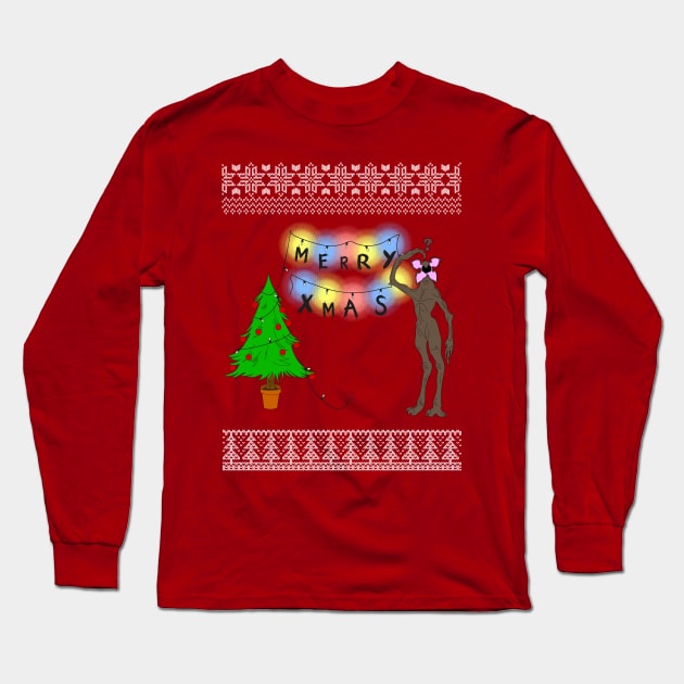 Stranger Things Demogorgon Christmas Knit Pattern Long Sleeve T-Shirt by Bevatron